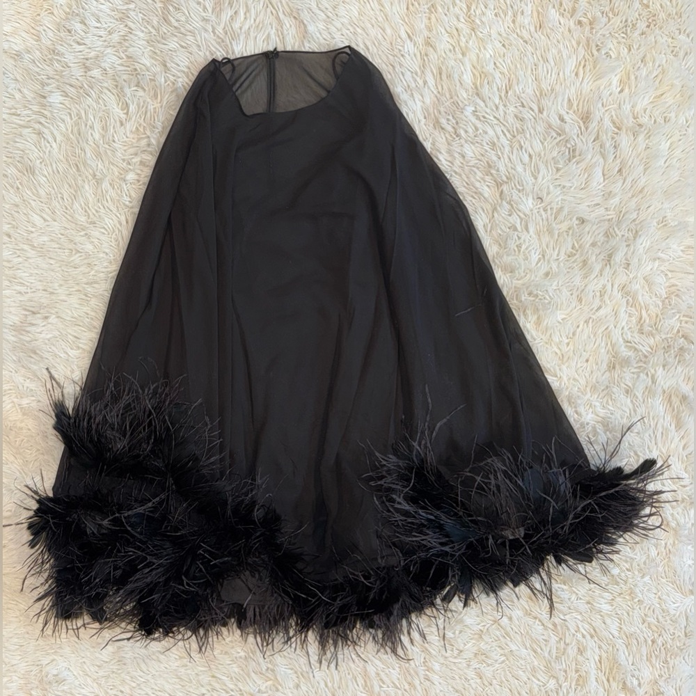 Mac Duggal Black Sheer Cape Mini with Feather Hem - Picture 3 of 6